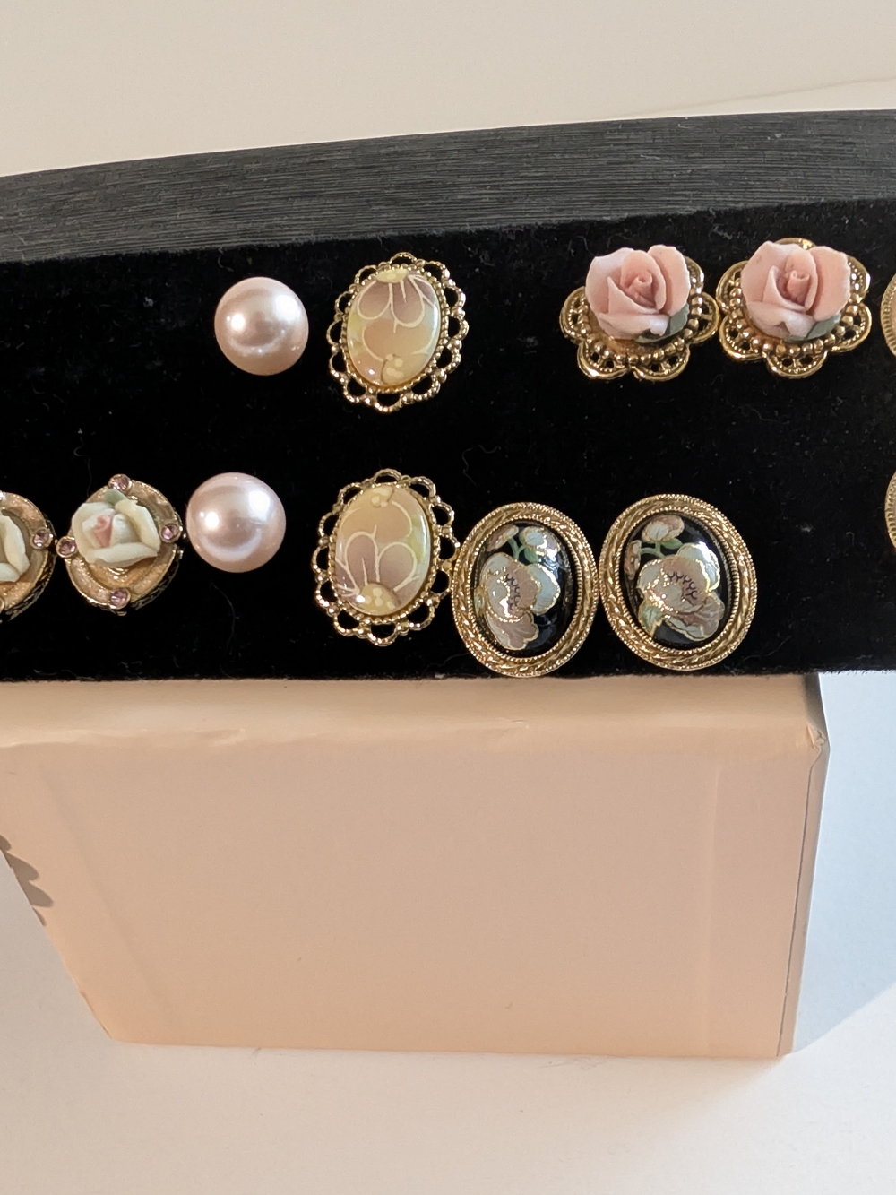 Vintage 1928 Pink Rose and Pearl Stud Earring Lot 7 Victorian Revival Collection